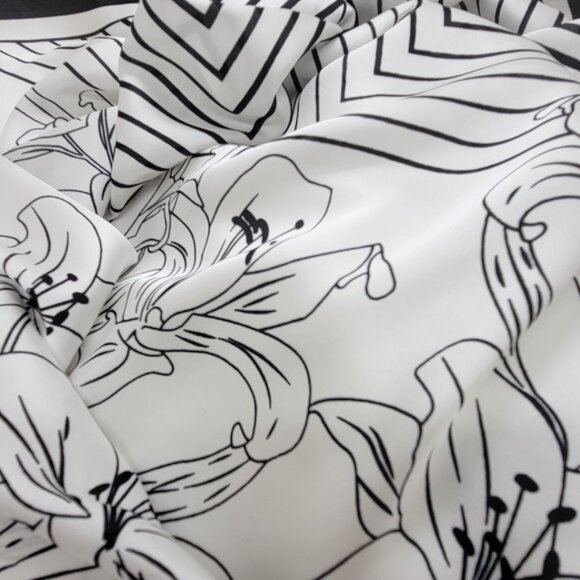 ✨Luxury Silky Soft Scarf Black White Floral Lily Geometric Print Square Bandana - Picture 3 of 5